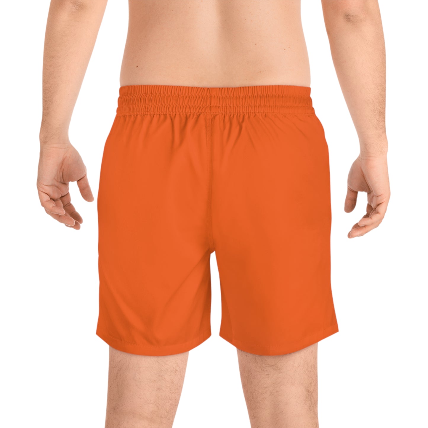 Men's Mid-Length Swim Shorts with 'Life Apparels' Print - Vibrant Orange Beachwear