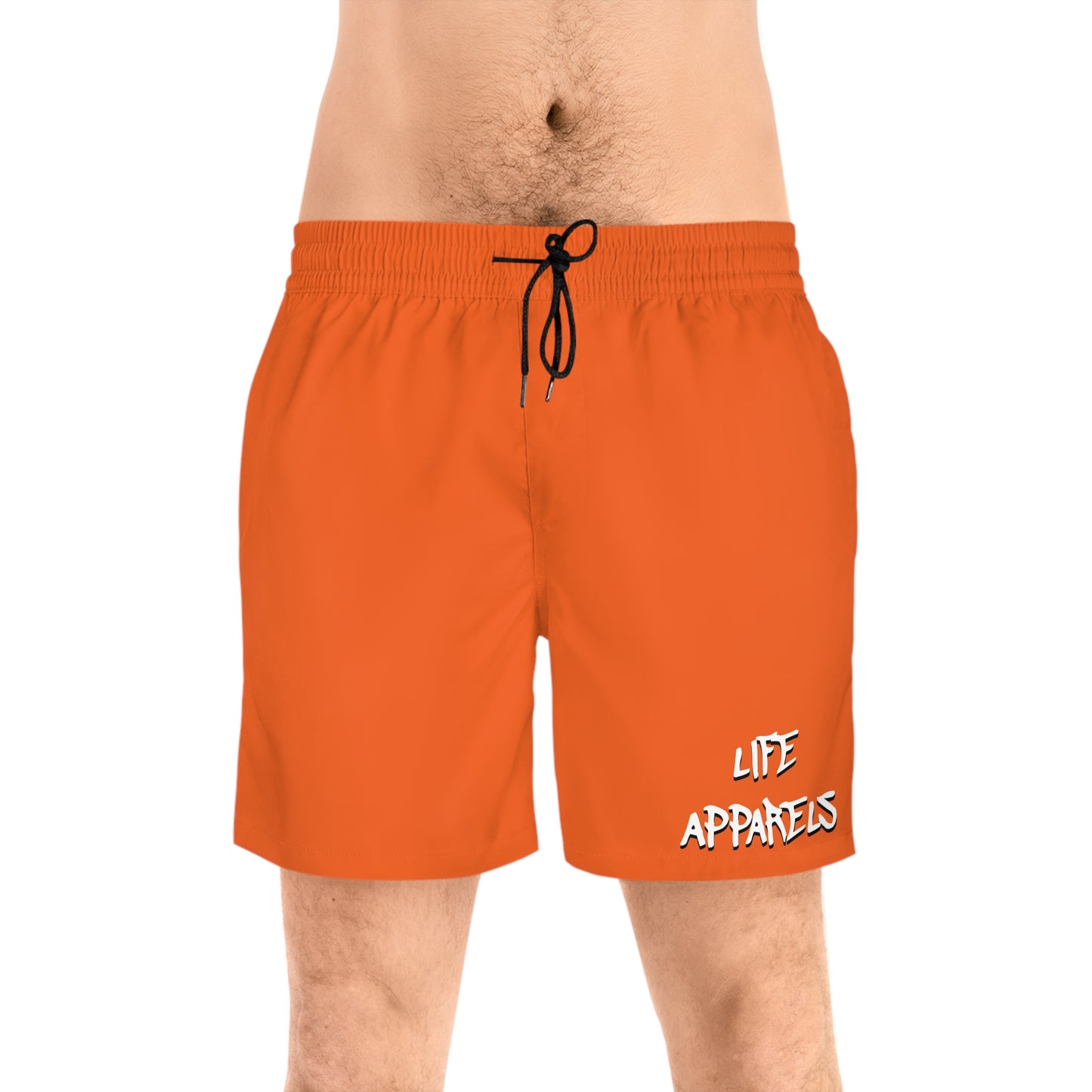 Men's Mid-Length Swim Shorts with 'Life Apparels' Print - Vibrant Orange Beachwear