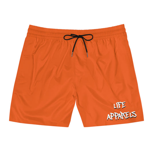 Men's Mid-Length Swim Shorts with 'Life Apparels' Print - Vibrant Orange Beachwear